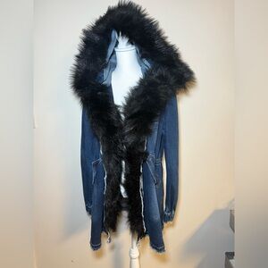 Denim Parka Jacket with Removable Faux Fur Trim Hood